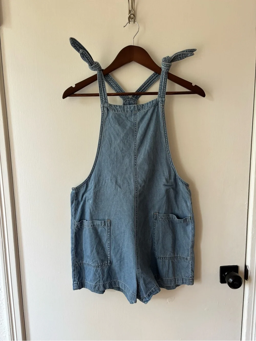 Celebrity Pink Light Blue Denim Tie-Shoulder Romper